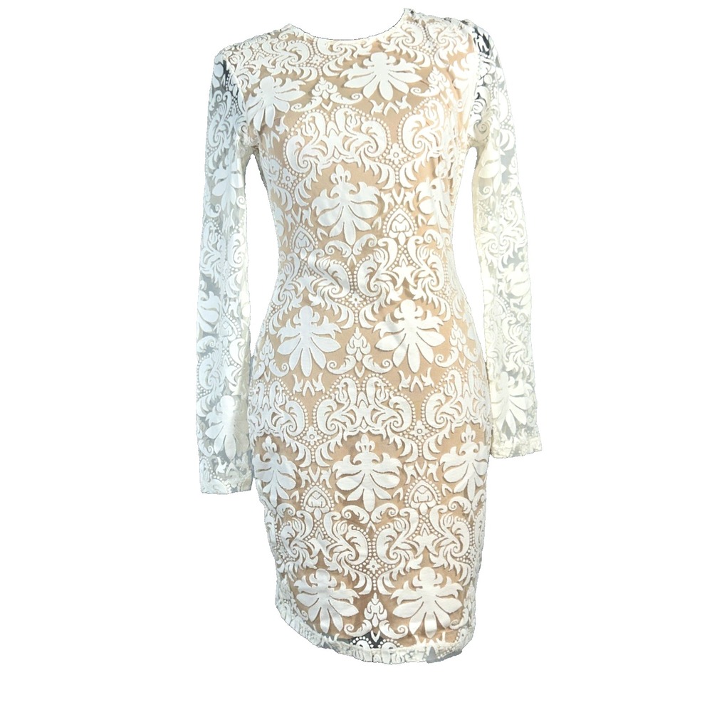 NWT H&M Dress 10‎ Cream Lace Blush Lined Fitted Bodycon Stretch Open Back Sexy